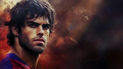 Focused male portrait against fiery abstract background.