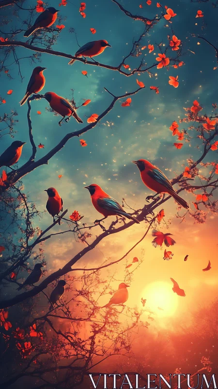 Digital painting of songbirds in fiery twilight canopy.