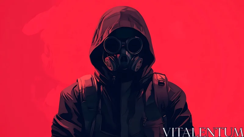 Hooded figure in gas mask rendered as high contrast digital vector