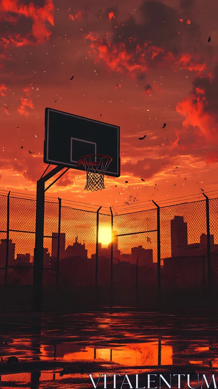 Sunset-drenched city basketball court glows in silence.