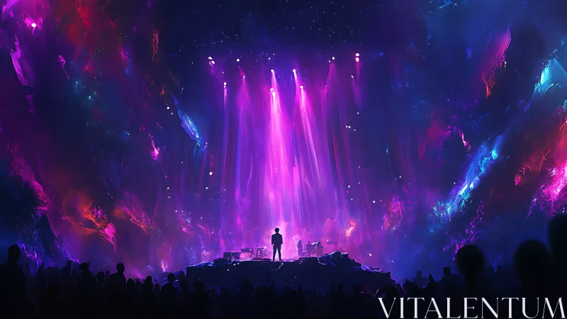 Cosmic concert stage under radiant neon aurora veils.