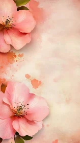Pink Flowers with Watercolor Splashes and Green Leaves
