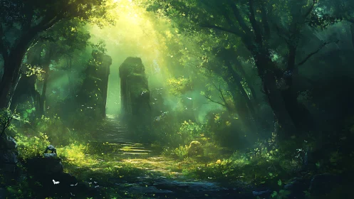 Overgrown architectural passage with light filtering through dense vegetation canopy