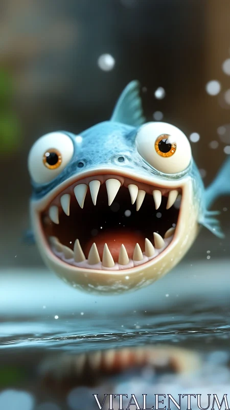 Cartoon fish with large teeth emerges from calm water surface