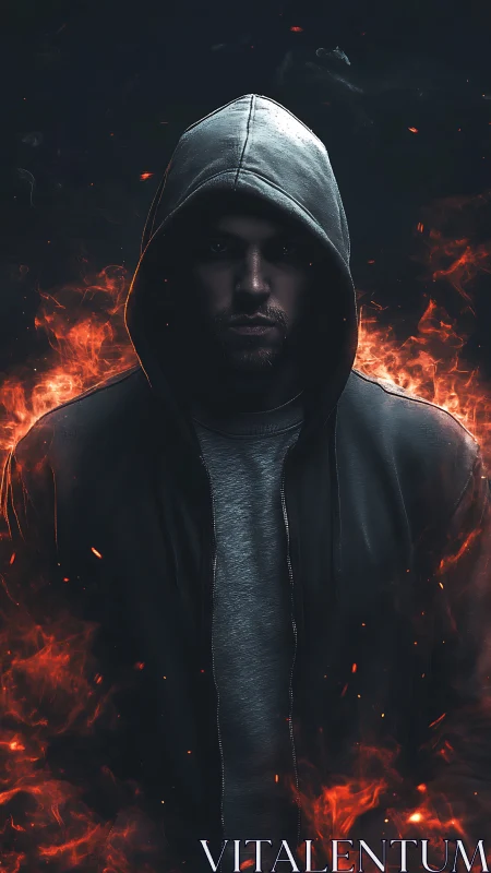 Hooded figure stands in swirling flames against dark void