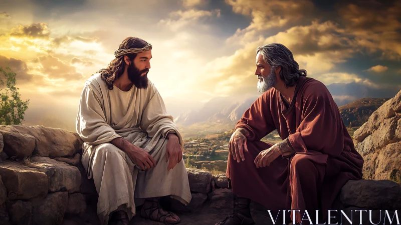 Two robed men converse on stone wall at sunset landscape.