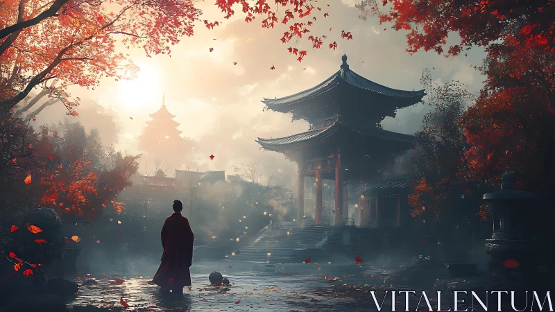 Autumn mist over traditional Japanese temple courtyard at dawn