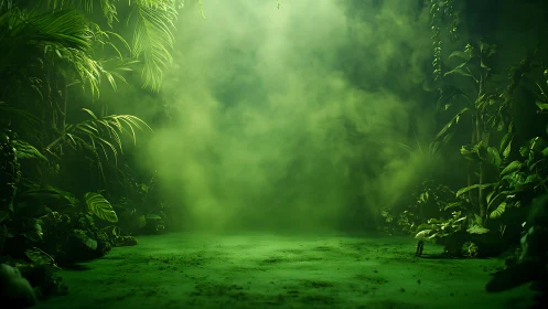 Dense jungle clearing filled with vivid green mist.