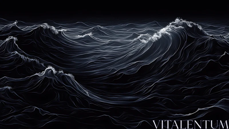 Monochrome line-art seascape abstracts dynamic luminous waves