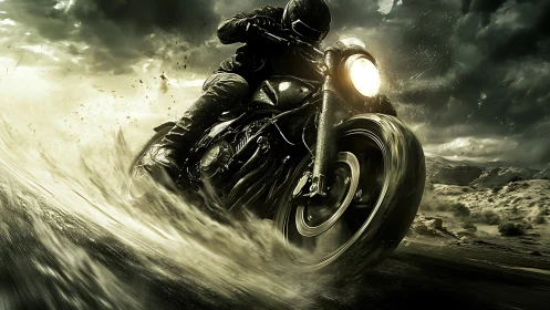 Motorcyclist cornering hard on wet dirt road at speed.