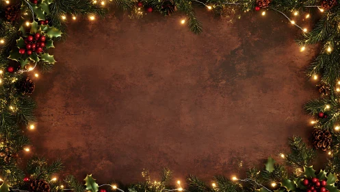 Christmas garland frame surrounds rustic brown background