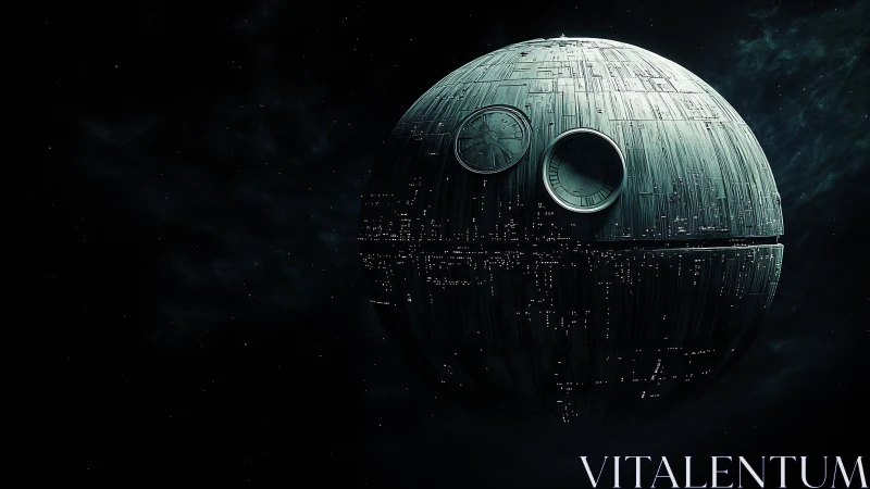 Smiling spherical space station with illuminated panels.