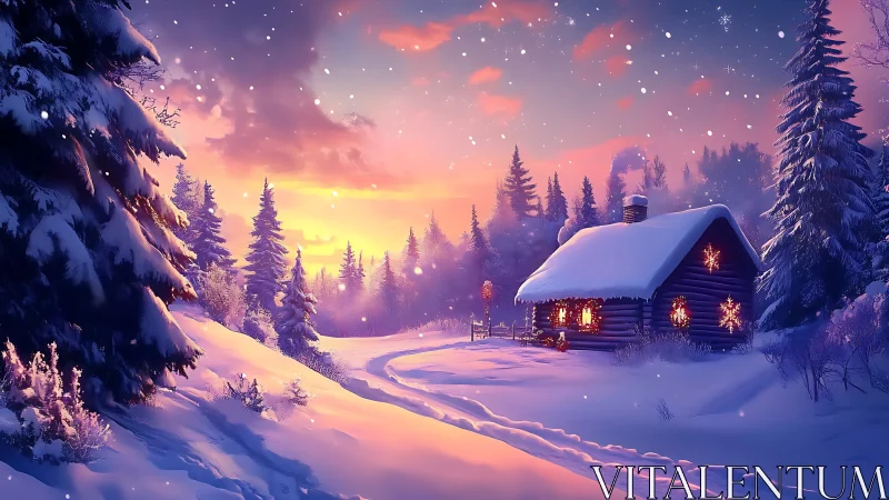 Snowy forest cabin at sunset with warm glowing windows.