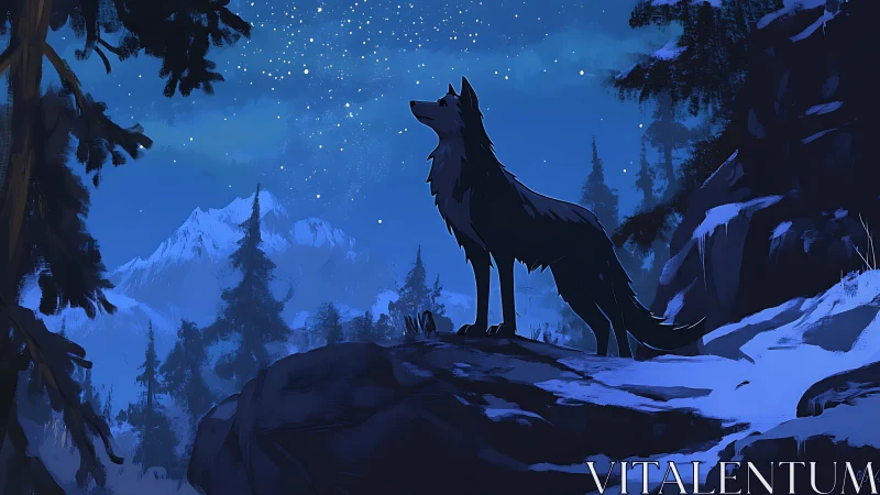 Lone midnight wolf drinking starlight in a blue winter sky.