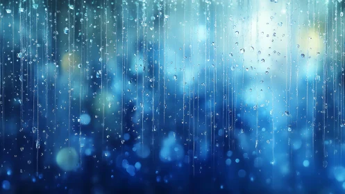 Shimmering blue rain curtain with luminous bokeh backdrop.