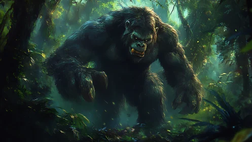 Massive gorilla-like creature advances through dense rainforest