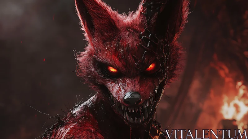 Demonic fox creature glares in firelit, blood-red darkness