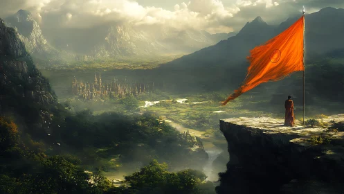 Monk on a cliff greeting a sunlit valley of shining spires.