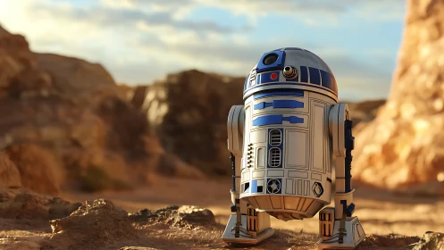 Astromech reconnaissance unit in sunlit desert canyon environment.
