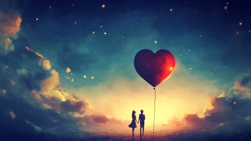 Silhouetted Figures Beneath Luminescent Heart-Shaped Balloon at Dusk.
