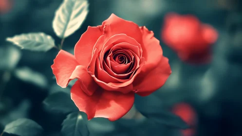 Crimson rose bloom with soft focus garden setting.