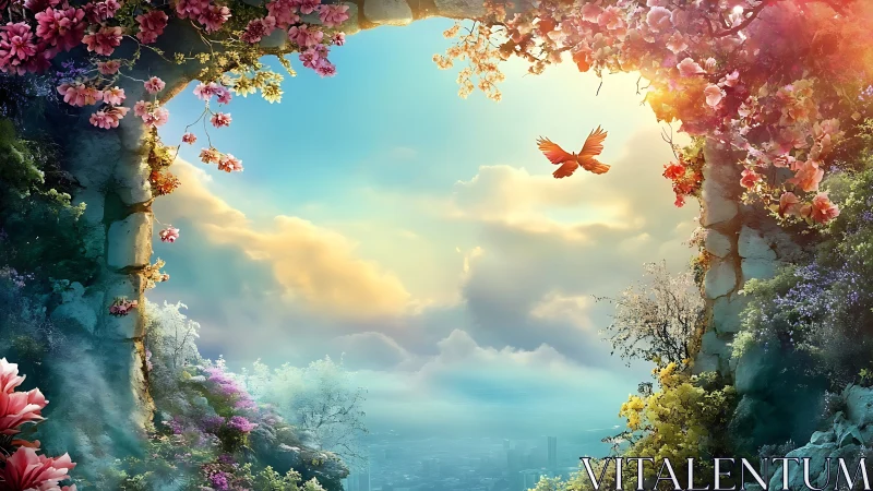 Luminous floral archway framing azure sky and soaring bird.