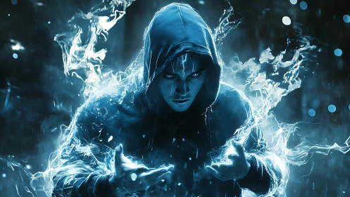 Hooded elemental mage channeling blue lightning energy aura.