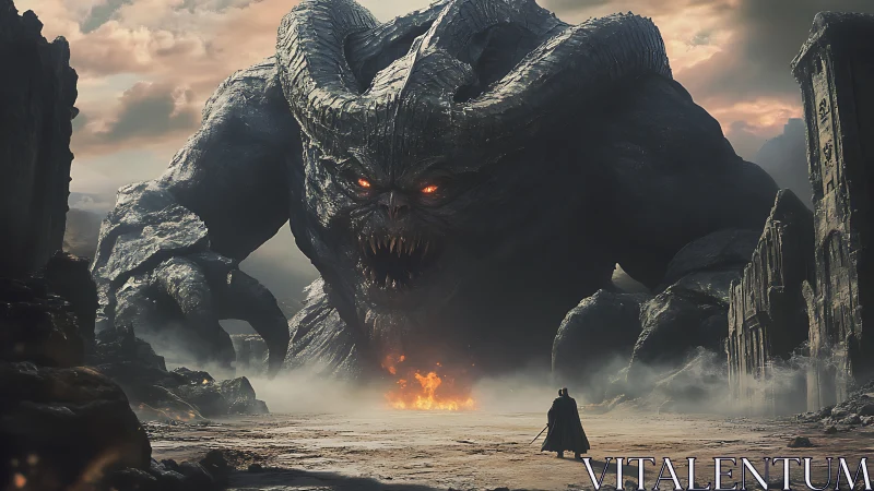 Colossal horned creature confronting lone cloaked figure.