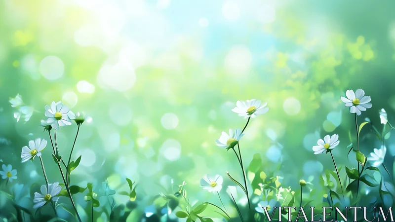 Daisies glow in dreamy green bokeh and gentle morning light.