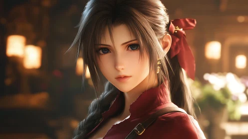 Cinematic closeup of stylized brunette girl in warm bokeh light