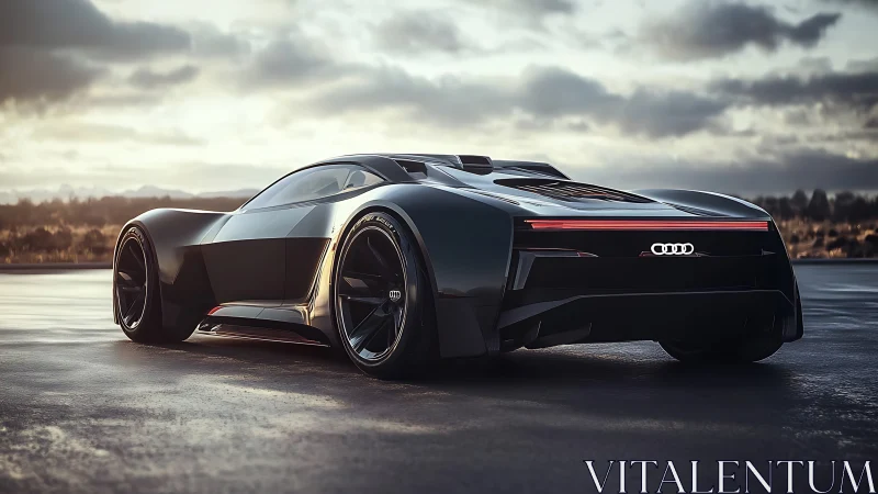Futuristic black Audi hypercar stands on wet runway at dusk