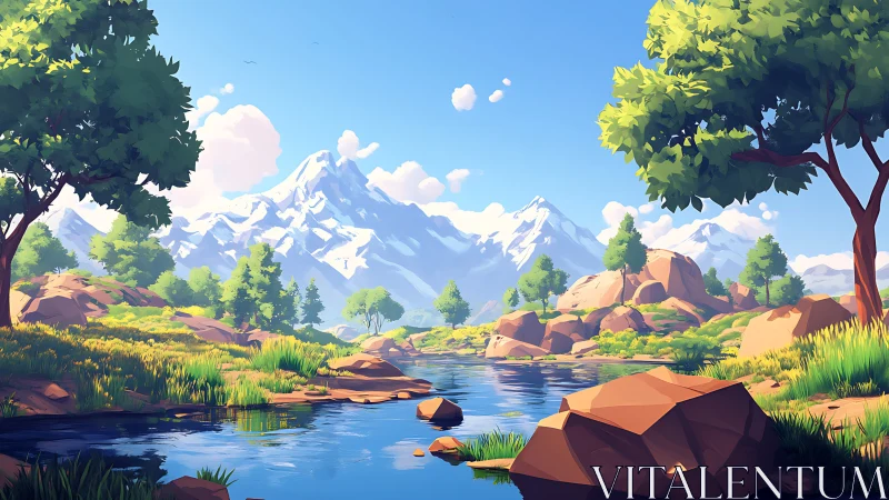 Stylized alpine river valley reflects snow capped mountain range