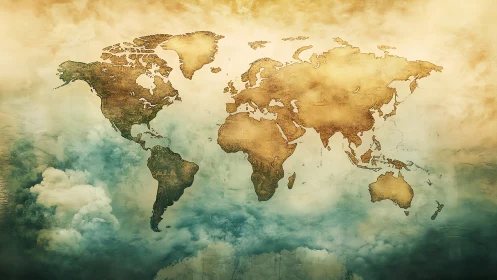 Vintage world map glows softly above dreamy, misty clouds