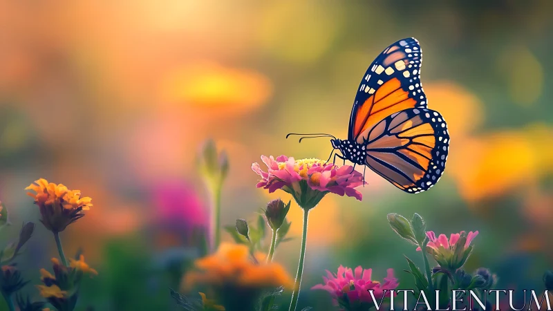 Monarch butterfly rests on vivid garden blooms at dusk.