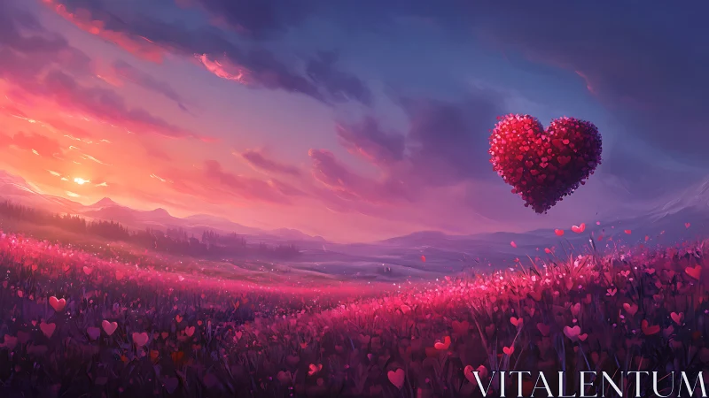 Heart-Shaped Cloud Above Pink Flower Field at Sunset