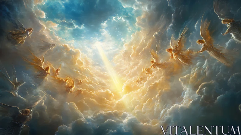 Celestial angels converge within radiant stratiform clouds