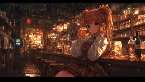 Warm lit anime bar interior with girl holding cocktail glass.