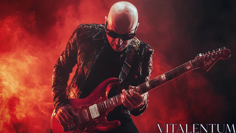 Bald rock guitarist in fiery red stage lighting performance.