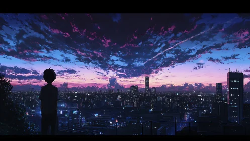 Silhouetted youth overlooks neon city beneath violet dusk sky