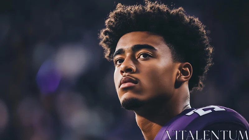 Portrait of young male football player in stadium setting.