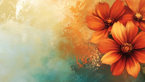 Red Cosmos Flowers on Watercolor Gradient Background.