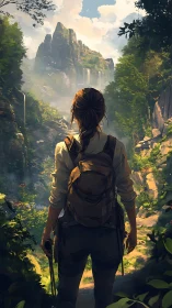 Woman explorer stands before lush valley and waterfalls.