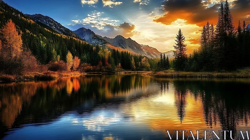 Mountain lake glows under a vivid autumn sunset sky