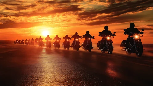 Motorcycle riders surge toward a blazing coastal sunset.