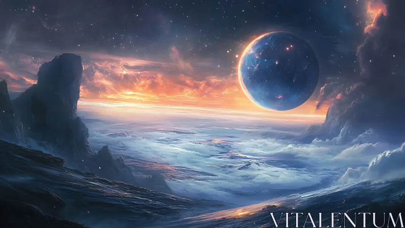 Celestial iceworld horizon under glowing blue planet sphere.