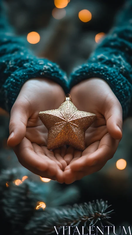 Gentle hands cradle a golden holiday star ornament.