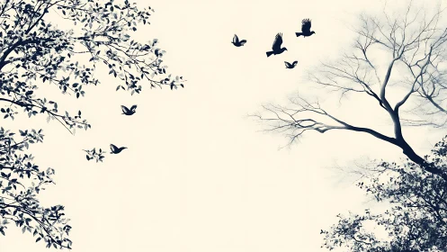 Birds Flying Between Two Trees in Minimalist Silhouette Style.