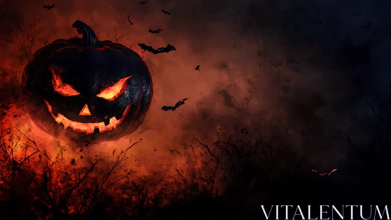 Flaming jack o lantern dominates dark haunted night sky.