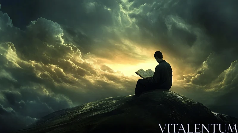 Solitary reader studies atop rock beneath apocalyptic sky glow