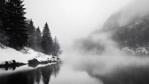 Snow-laden conifer shoreline dissolves into atmospheric river fog